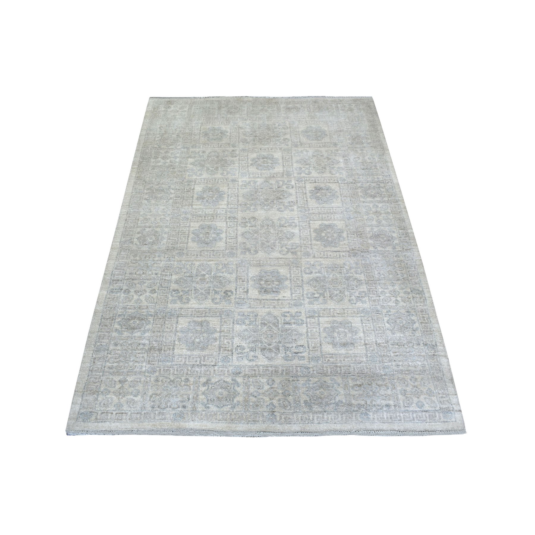 4'1"x5'9" Ivory, White Wash Peshawar with Motifs, Soft Wool Natural Dyes Hand Knotted, Oriental Rug 